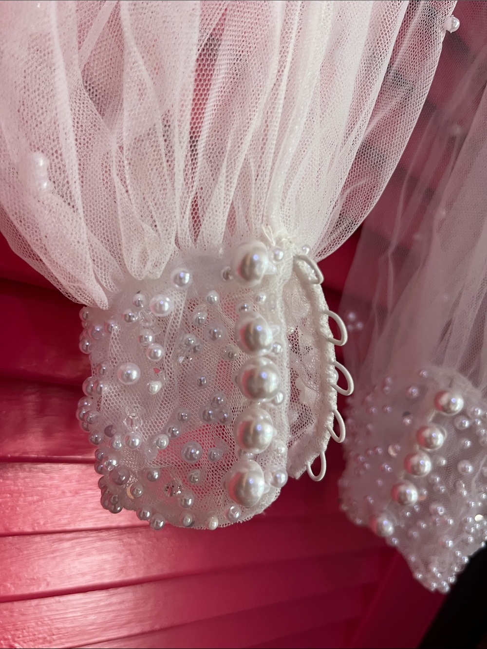 Mori Lee Sheer Pearl-Embellished Bridal Detachable Pearl button cuffed Sleeves - Picture 6 of 17